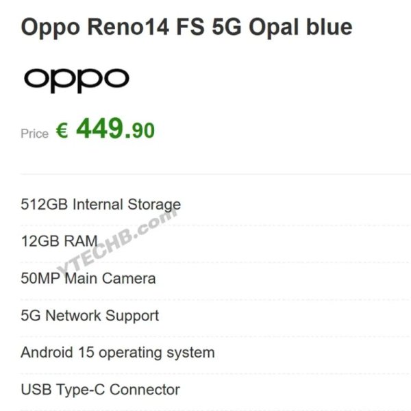 盈富忧配 OPPO Reno14 FS 5G 手机曝光：5000 万主摄，12GB+512GB 组合